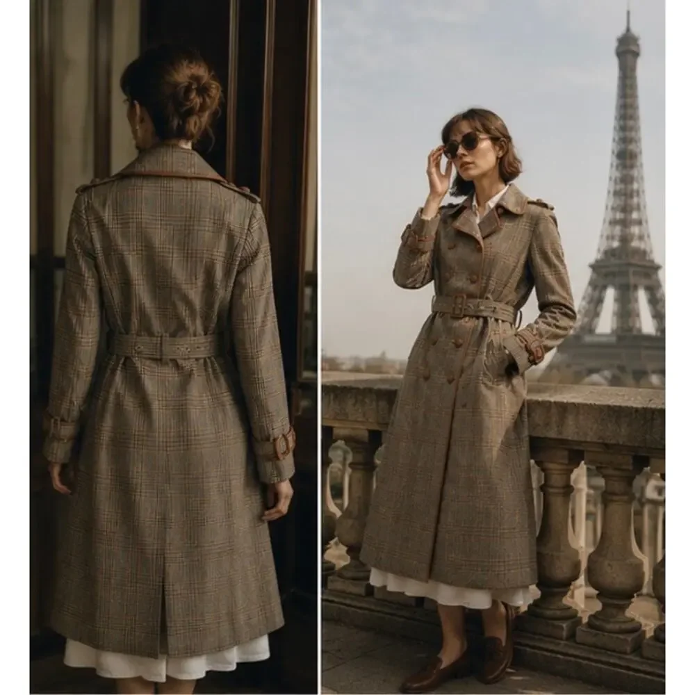 Tory Burch Glen Plaid Belted Trench Coat Leather Trim XS US2